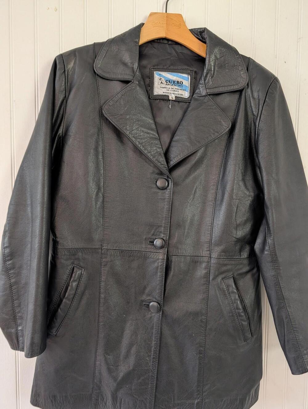 Vintage Cuero Argetino Black Genuine Leather Blazer Mid Length Button  L Y2K